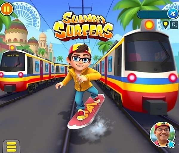 Subway Surfers India Gameplay Subway Surfers India game screenshot showing a character surfing through Mumbai streets with local trains and Indian landmarks in background