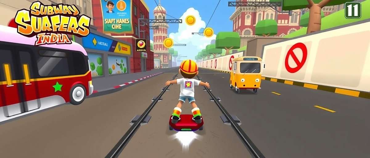Subway Surfers India Gameplay Features Subway Surfers India gameplay showing character using a dosa hoverboard while collecting coins in Mumbai streets